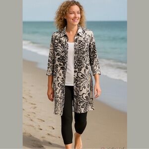 CHICO'S BOLD FLORAL LINEN & COTTON BLEND WHITE & BLACK TUNIC DRESS SZ M